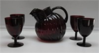 ANCHOR HOCKING RUBY RED BALL PITCHER & 4 GOBLETS