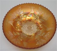 7-3/4" STAG & HOLLY CARNIVAL GLASS FOOTED BOWL