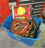 Large tote with extension cords, misc. wire, work