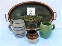 17" Oval Vintage Tray, Miniature Bean Pot, Green -