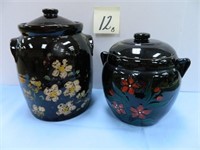 (2) Vintage Floral Design Brown Cookie Jars w/