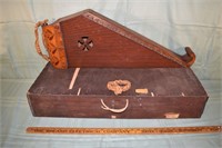 Ca. 1890 inlaid wood zither with fitted box, 30" l