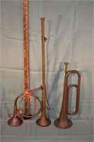 3 Brass horns including Austrian bugle; as is