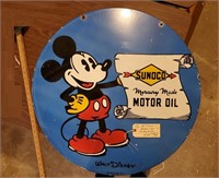 30" Sunoco Oil porcelain sign Mickey Mouse Disney