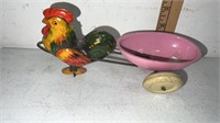 Vintage Wyandotte Tin Toy Rooster Pulling Egg