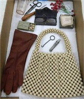 Vintage Purse & Gloves, Eye Glasses & Sewing Items