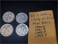 4 Walking Liberty silver half dollar US coins