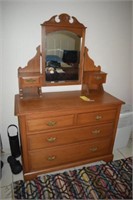ANTIQUE DRESSER WITH 4 DRAWERS, MIRROR & TOPPER