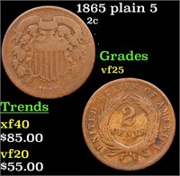 1865 plain 5 Two Cent Piece 2c Grades vf+