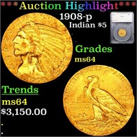 1908-p Gold Indian Half Eagle $5 Graded ms64 By SE