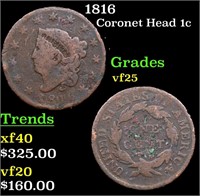 1816 Coronet Head Large Cent 1c Grades vf+
