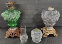 2 Antique Raised Glass Kerosene Oil Lamps