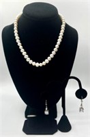 Sterling Earrings, Ring And Pearl Necklace