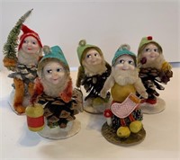 5 Vintage Christmas Pinecone Elf Ornaments