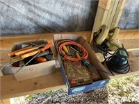 2 BOXES OF HAND TOOLS, SKILL SAW, PALM SANDER
