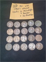 20 old 1930s Lincoln Wheat Cents Pennies