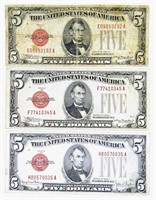 (3) 1928 $5 RED SEAL UNITED STATES NOTES