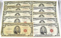(10) 1963 $5 RED SEAL UNITED STATES NOTE