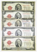 (5) 1928 $2 RED SEAL FEDERAL RSV NOTE