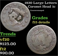1830 Large Letters Coronet Head Large Cent 1c Grad