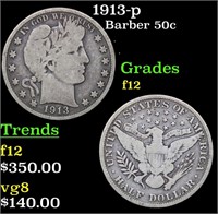 1913-p Barber Half Dollars 50c Grades f, fine
