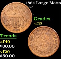 1864 large motto Two Cent Piece 2c Grades vf+