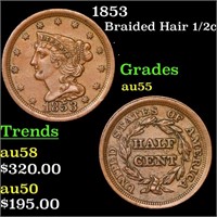 1853 Braided Hair Half Cent 1/2c Grades Choice AU