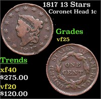 1817 13 Stars Coronet Head Large Cent 1c Grades vf