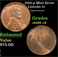 1955-p Lincoln Cent Mint Error 1c Grades GEM+ Unc