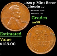 1928-p Lincoln Cent Mint Error 1c Grades Choice AU
