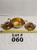 Brass candle holders and decorative bowl