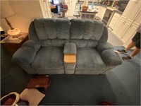 Love Seat w/Double Recliner-Blue Cloth Upholstery