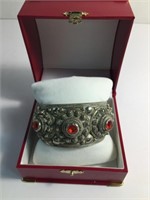 WIDE HEAVY ANTIQUE SIAM STERLING JEWELED CUFF