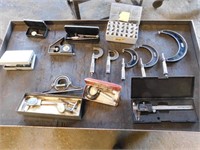 Box of misc. calipers, 1/16th stamps, etc.