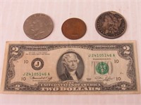 ASSORTMENT OF COINS AND 1976 - 2 DOLLAR PAPER