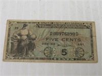 VINTAGE MILITARY PAYMENT CERTIFICATE  - FIVE CENTS