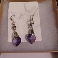 Purple Swarovski Crystal Heart Earrings on Silver