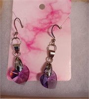 Purple Swarovski Crystal Heart Earrings on Silver