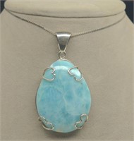 Beautiful Sterl. Genuine Larimar Pendant Necklace