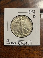 1947 D (scarce) Silver US Walking Lib Half Dollar