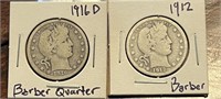 (2) 1916 D & 1912 US Silver BARBER Quarter lot