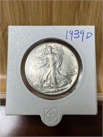 UNC 1939 D US Silver Walking Liberty Half Dollar