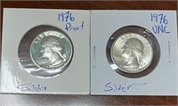 (2) Silver 1976 Washingtons Proof & UNC Types