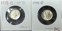 2 BRILLIANT UNC Mercury Dimes 1939 D - 1945
