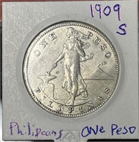 1909 S US Philippines SILVER ONE Peso coin