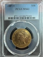 1887 S $10 US Gold Liberty Eagle PCGS MS62
