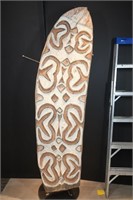 CARVED WOOD TRIBAL WAR SHEILD 77"x20" -IMPERFECT