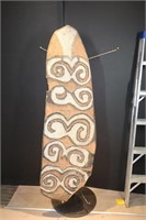 CARVED WOOD TRIBAL WAR SHEILD 66"x21" -IMPERFECT