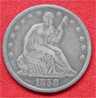 1858 S Seated Liberty Silver Half Dollar