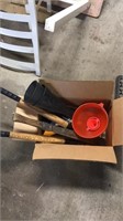 Box of Funnels, Hedge Trimmers, and Machete
